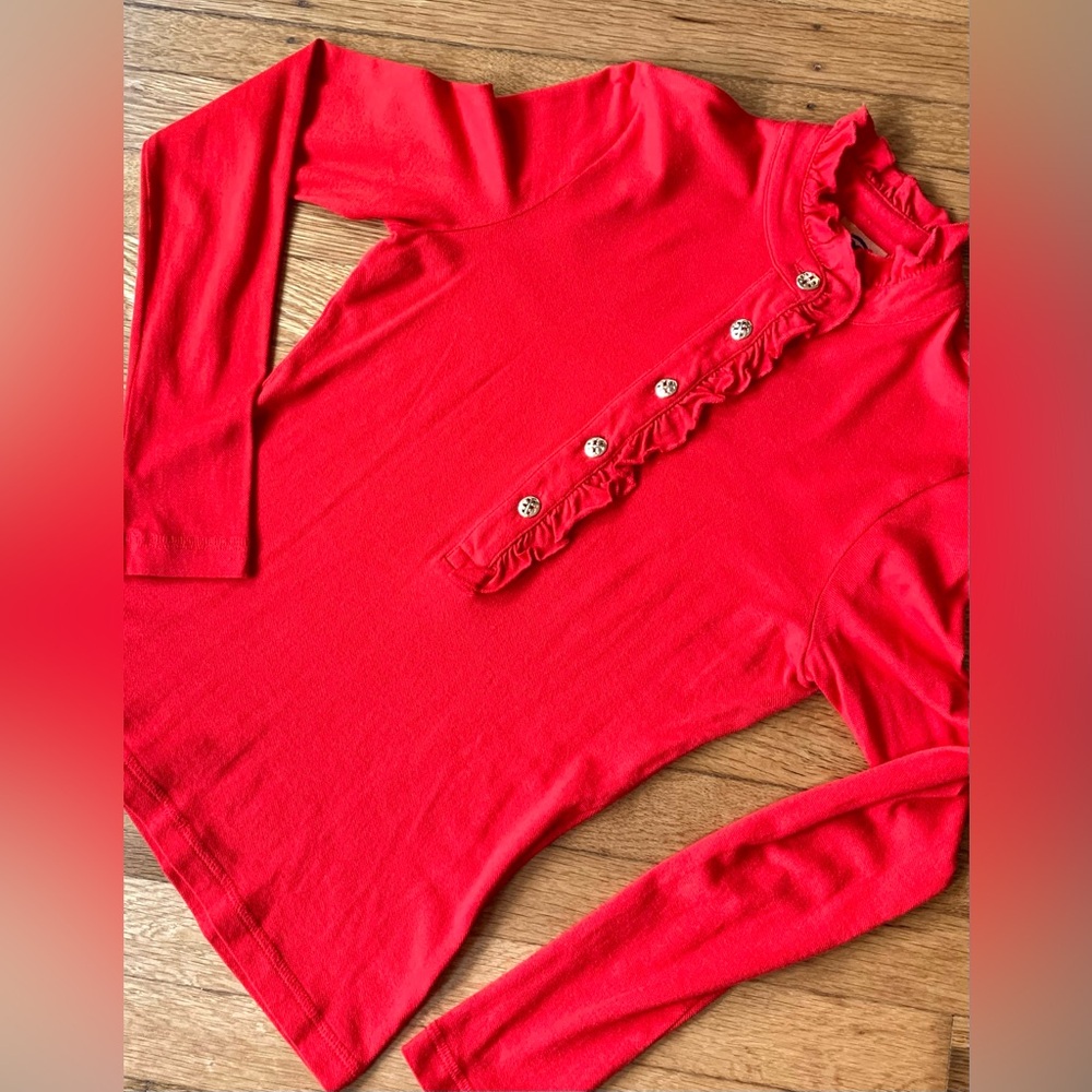 Tory Burch Red Ruffle Collar Gold Logo Button Long Sleeve Top